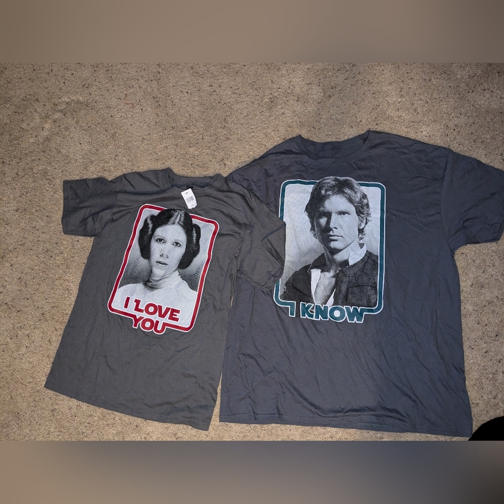 2 Star wars Han And Leia Matching Tshirts. Size Small And XL.
